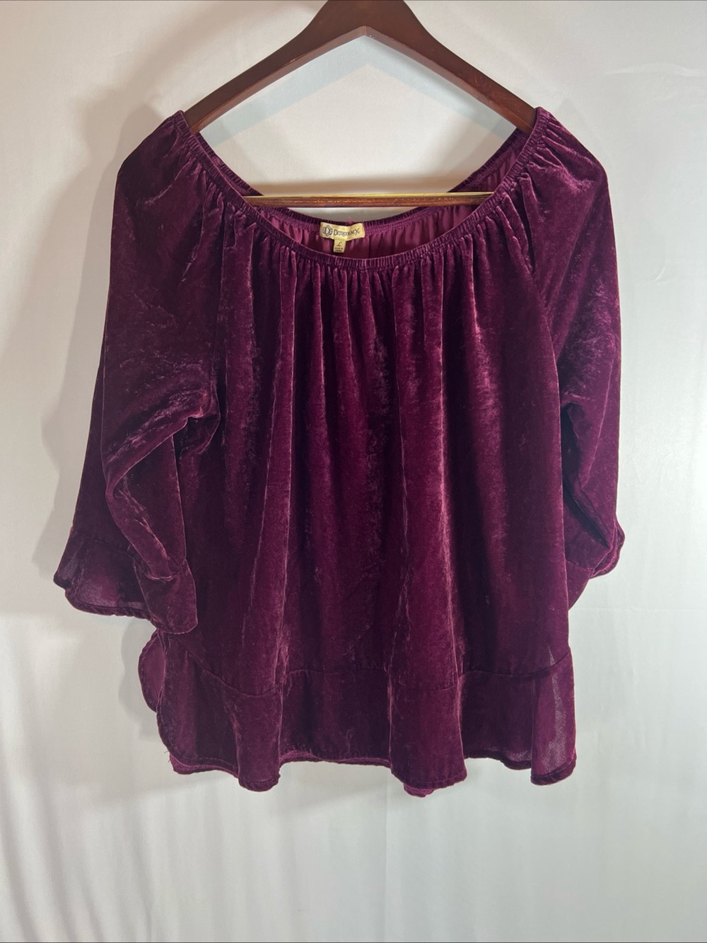 Democracy Velvet Peasant Blouse Top Women L Large Burgundy Maroon Long Sleeve